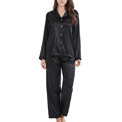 Afbeelding van Sanraflic Pyjama voor dames, satijn, lang, nachtkleding, loungewear, Zwart, XL