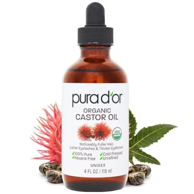 Afbeelding van PURA D&#039;OR Ricinusolie (118 ml) 100% pure natuurlijke olie voor haargroei, wenkbrauwen, wimpers, koudgeperste hexaanvrije om de droge huid te hydrateren en genezen Inclusief bonusborstelset