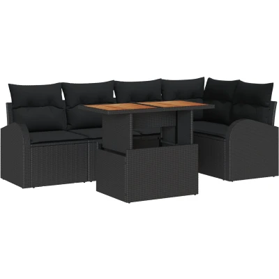 Afbeelding van vidaXL 6 delige Tuin Sofa Set met Kussens Zwart Poly Rattan, 2 zits Opbergruimte &amp; Rattan