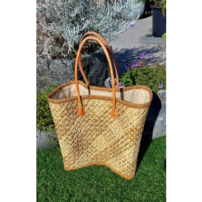 Afbeelding van Rietentas, Rietentas met leren handsvaten, Rietenshopper, Strandtas, Shopper