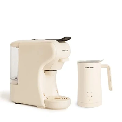 Afbeelding van CREATE / PACK POTTS STYLANCE + MILKFROTHER/espressomachine met meerdere capsules melkopschuimer en chocolade, gebroken wit
