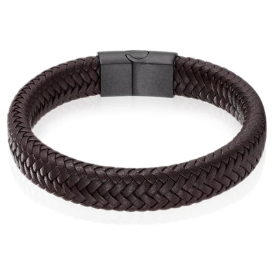 Afbeelding van Gevlochten Leren Armband Heren Edelstaal Sluiting Bruin Zwart 22cm