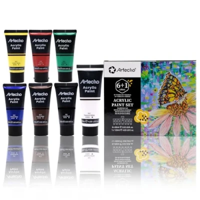 Afbeelding van Artecho Acrylverfset, 7 primaire kleuren 6 x 60 ml &amp; 1 120 titanium witte acrylverf voor buitendecoratie, kunstschilderen, benodigdheden hout, stof, schoen, rots, ambachten en canvas