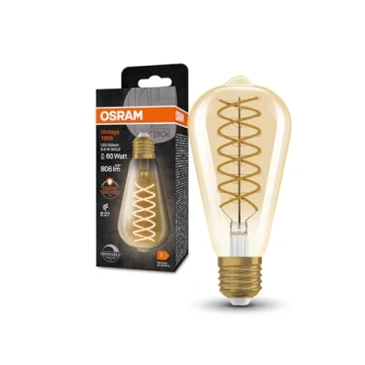 Afbeelding van OSRAM Vintage 1906® Classic Edison FIL 60 LED lamp, E27, dimbaar, vorm, goud, 8,8W, 806lm, 2400K, verminderd warm wit licht, laag energieverbruik, lange levensduur