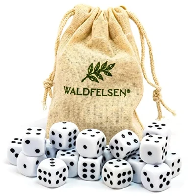 Afbeelding van Waldfelsen 6, 12, 20, 30 of 50 hoogwaardige dobbelstenen, standaardformaat, 16 mm, acryldobbelstenen, speeldobbelstenen, 6 zijdig, zeszijdig speelaccessoireset met stoffen zak (wit, 20