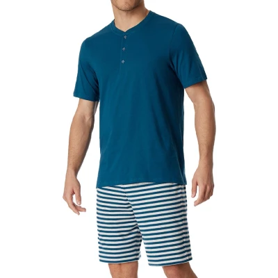 Afbeelding van Schiesser MIT Knopfleiste Casual Pyjama, Heren, Maat: 50, Jeansblau
