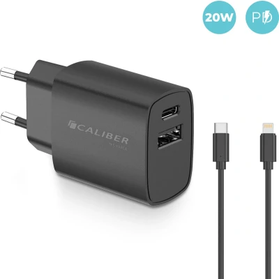 Afbeelding van Caliber oplader iPhone USB C naar Lightning Kabel 20 Watt snellader en iPad QC3.0