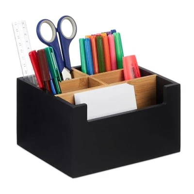 Afbeelding van pennenbak 5 vakken 9,5 x 18 15 cm bamboe bureau organizer zwart