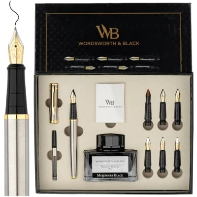 Afbeelding van Wordsworth &amp; Black Geschenkset kalligrafiepen, inclusief inktfles, 6 inktpatronen, 1 inktnavulconverter, vervangende penpunten, premium pakket, dagboek, gladde schrijfpennen [zilvergoud]