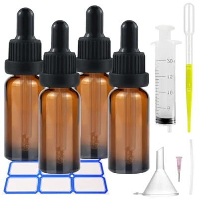 Afbeelding van Impoditiongs 4 stuks bruine druppelflessen van glas, 50 ml, navulbaar, met 1 trechter en pipet, voor laboratorium, etherische oliën, aromatherapie