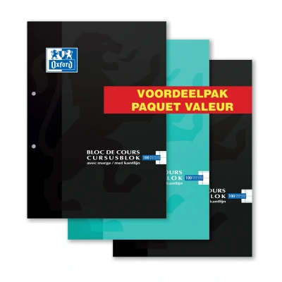 Afbeelding van Oxford Cursusblok Voordeelpak Van 3 Stuks, Geassorteerde Kleuren, Ft A4, 100 Vel, Gelijnd
