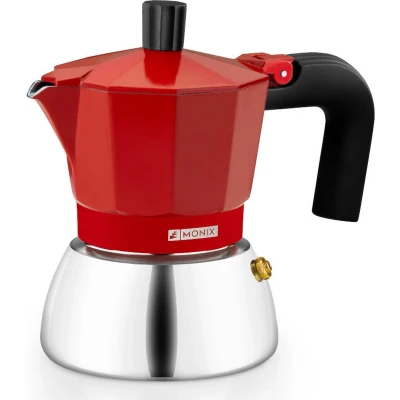 Afbeelding van Monix Induction Inox Italiaans koffiezetapparaat van aluminium en roestvrij staal, 3 kopjes inhoud, hittebestendige handgreep, gemakkelijk te wassen, geschikt voor alle warmtebronnen, Rood