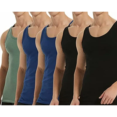 Afbeelding van Falechay Onderhemd Heren Tanktop 5 Pack 100% Katoen Fijne Rib Mouwloos Spier Shirt Sport Vesten 2 Zwart Blauw 1Groen XXL