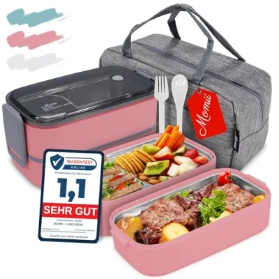 Afbeelding van lunchbox voor volwassenen, bentobox, roestvrij staal, broodtrommel kinderen, met vakken, kleuterschool, lunchbox, snackbox, broodtrommel, eetbox, broodbox, ontbijtbox (roze)