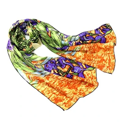 Afbeelding van Prettystern art prints schilderij lange zijden sjaal halsdoek Van Gogh irissen groen P049