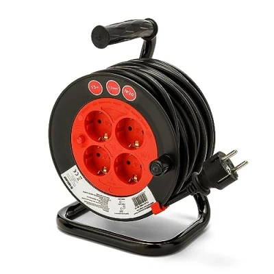 Afbeelding van DIY kabelhaspel met 4 standaard Schuko aansluitingen, H05VV F3G1.5MM2 kabel, 15 meter, CE
