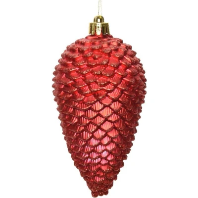 Afbeelding van Dennenappel plastic glitter hang 12x7cm kerstrood KSD