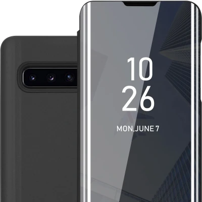 Afbeelding van Cadorabo Hoesje geschikt voor Samsung Galaxy S10 4G in TOERMALIJN ZWART Clear View Spiegel Beschermende Case met Tribunefunctie 360 Graden Bescherming Book Cover Etui