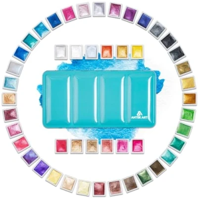 Afbeelding van Metallic aquarelverf Antek Art, set glitterkleuren in draagbare metalen etui met palet, geweldig cadeau idee voor kunstenaars, schilders (48 glitterkleuren)