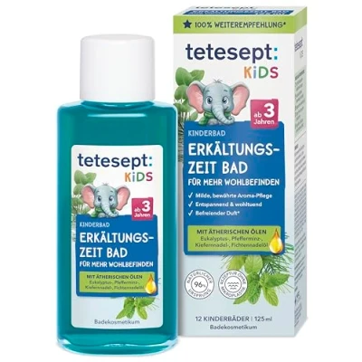 Afbeelding van tetesept Kids verkoudheidstijd bad kinderbad voor het koude seizoen met 4 etherische oliën weldadig badadditief ontspanning en doorwarming 1 x 125 ml