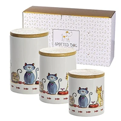 Afbeelding van Keramische voorraadpotten met houten deksel Kattenthema Opbergpotten voor kattenliefhebbers Geweldig keukendecor 700ml, 800ml &amp; 1L capaciteit Set van 3