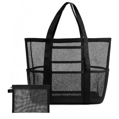 Afbeelding van FZSECRIU 1 stuks strandtas XXL + stuk nettas, cosmeticatas, strandtas, familietas, grote badtas, zwembadtas, zwart
