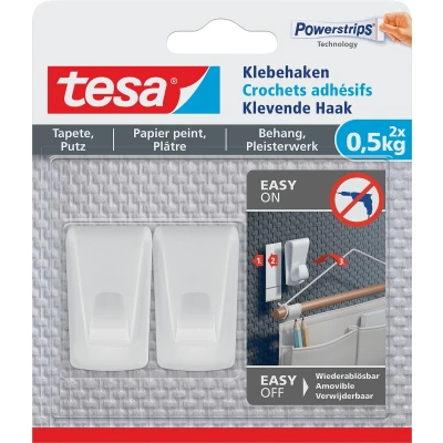 Afbeelding van Tesa Klevende Haak, Draagkracht 0,5 Kg, Behang En Pleisterwerk, Wit, 2 Haken 3 Strips Haak