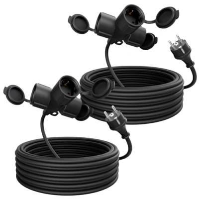 Afbeelding van greate 2 x 3 voudige verlengkabel, 10 meter, voor buiten, waterdicht IP44 voudig, meervoudige stekkerdoos, verlenging m, 3500 W, outdoor
