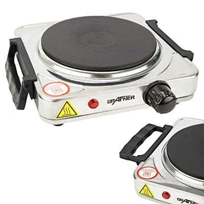 Afbeelding van Grafner roestvrijstalen kookplaat met inklapbare handgrepen, 1000 watt, 1 massakookplaat x Ø 155 mm, traploze temperatuurinstelling, robuuste behuizing, kookplaat,