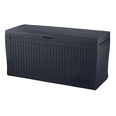 Afbeelding van Koll Living Kussenbox, 270 liter, kleur: grafiet, 100% waterdicht, met ventilatie, daardoor geen vieze geur/schimmel, moderne houtlook, deksel belastbaar tot 250 kg (2 personen)