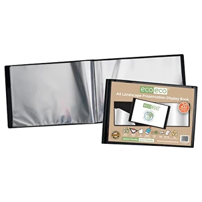 Afbeelding van eco A4 50% gerecycled 20 Pocket Zwart Landschap Presentatie Display Book, Opbergkoffer Portfolio Art Folder met plastic mouwen, eco095