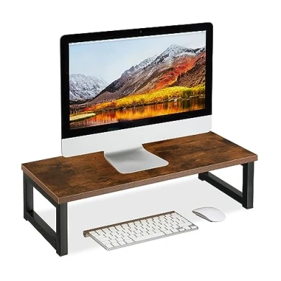 Afbeelding van Relaxdays monitorstandaard, beeldschermverhoger voor bureau, HxBxD: 15 x 55 23 cm, industrieel design, bruin/zwart