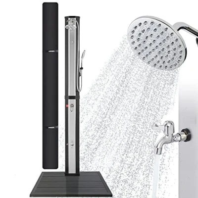 Afbeelding van Arebos Zonnedouche 60 L met handdouche &amp; thermometer watertemperatuur tot C zwembaddouche ronde douchekop snap in technologie incl. afdekhoes en bodemplaat antraciet I zwart zilver