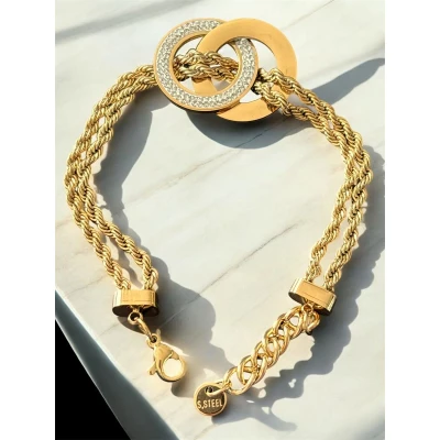 Afbeelding van Luxe Verstelbare Goudkleurige RVS Armband met Dubbele Cirkel &amp; Zirkonia Elegant Dames Sieraad