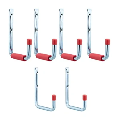 Afbeelding van Relaxdays wandhaken set van 6, 2 groottes, tot 17,5 kg, staal, ophanghaken voor garage, schuur, kelder, zilver rood