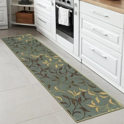 Afbeelding van Machine wasbaar bladeren ontwerp antislip rubberback 2 x 7 traditioneel tapijt voor gang, keuken, slaapkamer, woonkamer, 1 cm, zeeschuimgroen