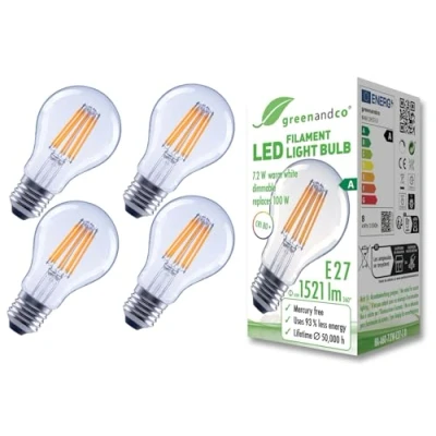 Afbeelding van greenandco 4 x transparante led filamentlampen, dimbaar, E27 A60, 7,2 W, 1521 lm, vervangt 100 3000 K, warmwit, 320 graden, 230 V, flikkervrij, energieklasse A