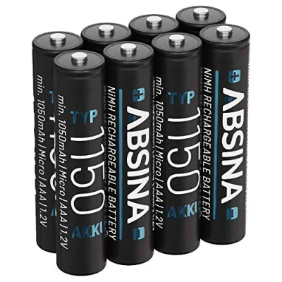 Afbeelding van ABSINA Accu AAA Micro 1150 8 pack NiMH oplaadbare batterijen met min. 1050 mAh &amp; 1,2 V voor apparaten een hoog stroomverbruik batterij ideaal DECT telefoon