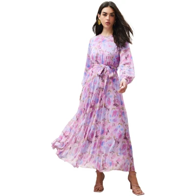 Afbeelding van Trendyol Lichtgroene Gebloemde Riem Met Gedetailleerde Voering, Geplooide Chiffon Geweven Jurk Tctss24Eb00151