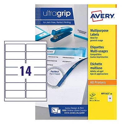 Afbeelding van Avery MP7163 40 zelfklevend Multifunctionele Etiketten, 14 etiketten per A4 vel, Wit, 99,1 x 38,1 mm