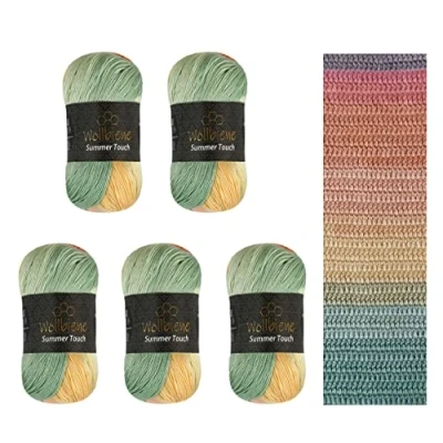 Afbeelding van Wollbiene Summer Touch Batik 5 x 100 gram wol meerkleurig met kleurverloop, 500 gemerceriseerde breiwol microvezel acryl (501 geel oranje mint)