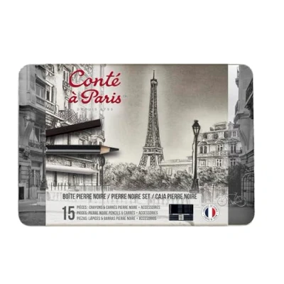 Afbeelding van Conté à Paris 750410 Set Pierre Noire in metalen doos 7 kleurpotloden noir &amp; 6 Carré zwart met accessoires