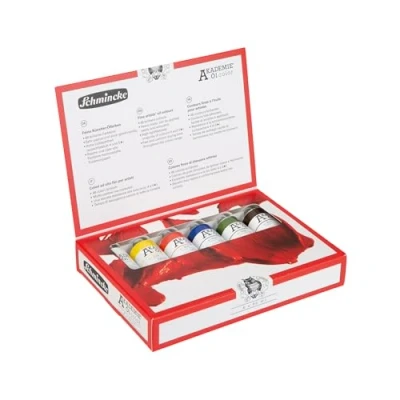 Afbeelding van Schmincke Academie olie, basisassortiment 6 x 60 ml tubes, 79 180 097, fijne kunstenaars olieverf, briljante tinten, hoogste lichtechtheid, olieverfschilderij, olieverfset