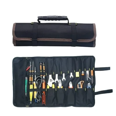Afbeelding van SagaSave Draagbare Gereedschap Tas MASO 22 Zakken 600D Oxford Canvas Tool Roll Up Bag Grote Tote Carrier Organizer, Gemakkelijk Opslag &amp; Draagbaar Beste voor Ambachtwerk Klusjesmannen Reparatiemannen Zwart
