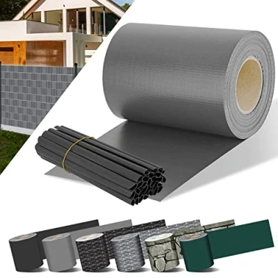 Afbeelding van KESSER® PVC jaloezieën strip privacy roll dubbele staafmatten omheining ondoorzichtig, 30 bevestigingsclips weer en windbescherming hekfolie tuin tuinhek, Grijs 70 m