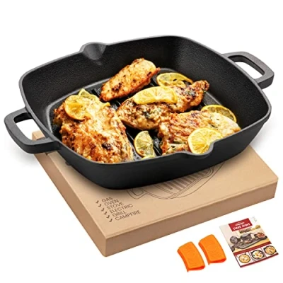 Afbeelding van OVERMONT Grillpan gietijzer gietijzeren pan vierkant 26 cm steakpannen gebruiksklaar ingebrand braadpan met twee handgrepen voor gasgrill oven kolengrill
