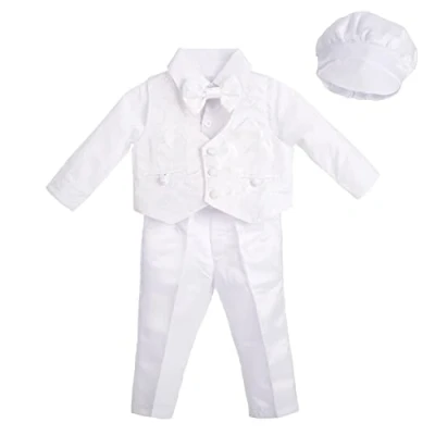 Afbeelding van Lito Angels Baby Jongens Doopsel Doop Wit Satijn Pak Kleding Doopkleding Doopkostuum Set met Kap Maat 74 (Leeftijd 6 9 maanden)