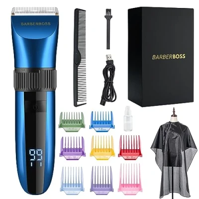 Afbeelding van BarberBoss Draadloze zelfslijpende baard en haartrimmer waterdicht met keramische messen, LED display, snel opladen 8 kleuren kamhulpstukken QR 2082