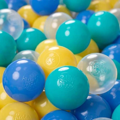 Afbeelding van KiddyMoon Plastic Ballen Voor Kinderen Ø 6Cm Kleurig Gecertificeerd, Turkoois Blauw Geel Transparant, 100 Ballen/6Cm