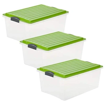 Afbeelding van Rotho Compact Set van 3 opbergboxen 38l met deksel, Kunststof (PP) BPA vrij, transparant/groen, x A3/38l (57.0 40.0 25.0 cm)